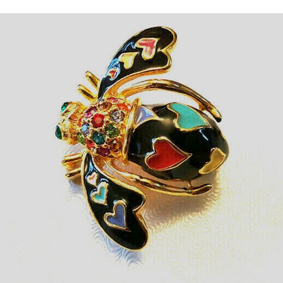 NEW Joan Rivers Pave Crystal BEE PIN Brooch HEARTS Lots Of Love Black Enameled! - Picture 1 of 6